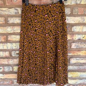 JCrew pleated midi pink and brown leopard print skirt